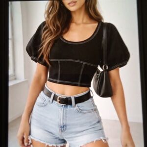 Free People Cropped Classic With Bold White Stitching Fitted Baloon Sleeves L